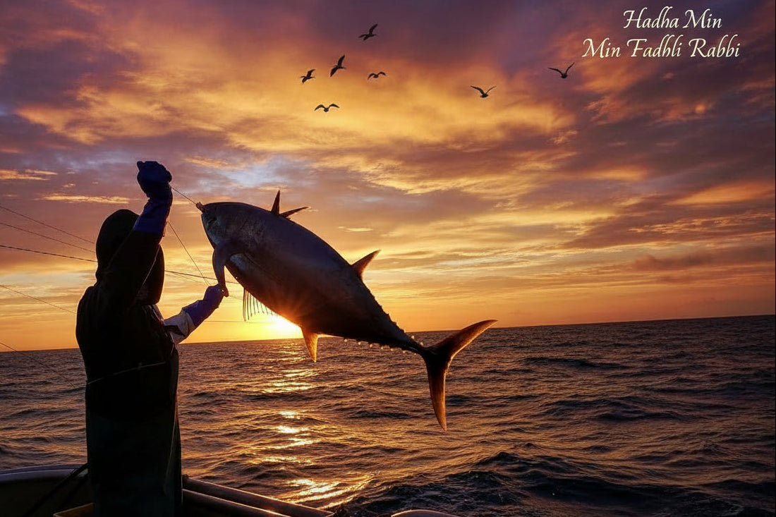 Person holding a large fish on a boat with a sunset in the background birds flying above
